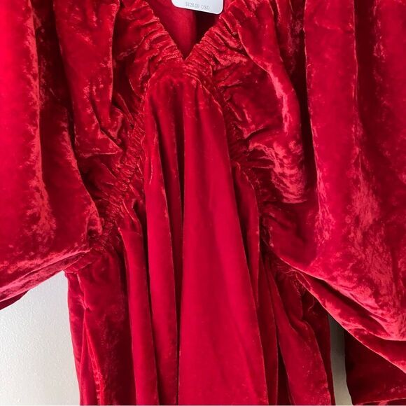 Free People Portia velvet mini dress Red puff sleeves baby doll NWT Sz XS - Picture 10 of 11